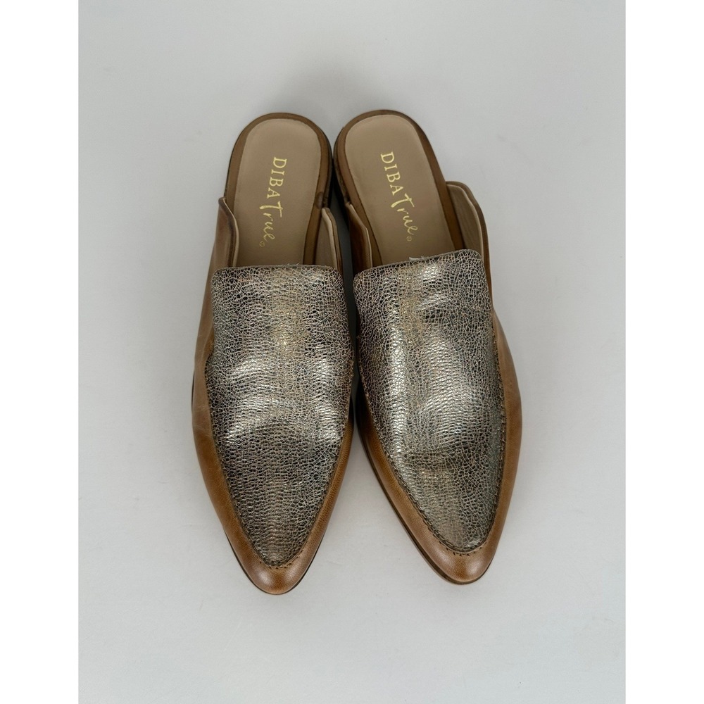 Diba True Art Easel Metallic Leather Pointed Toe Mules Tan Gold 10M Slip On